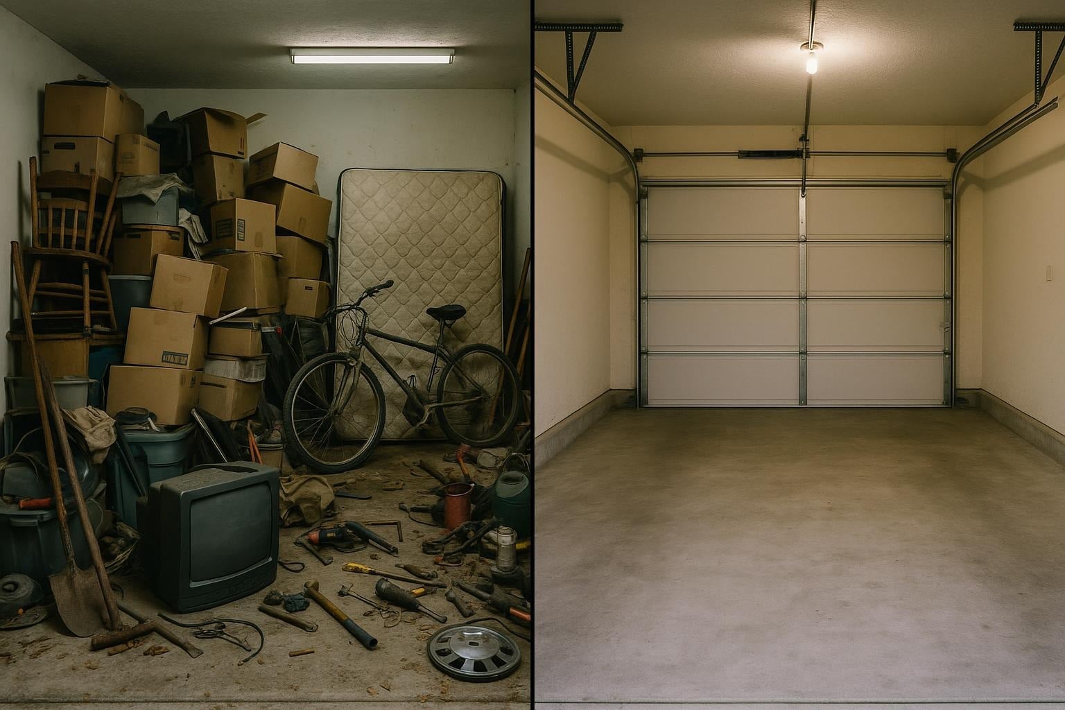 Before: cluttered suburban garage packed with furniture and boxes. After: same garage completely empty and clean