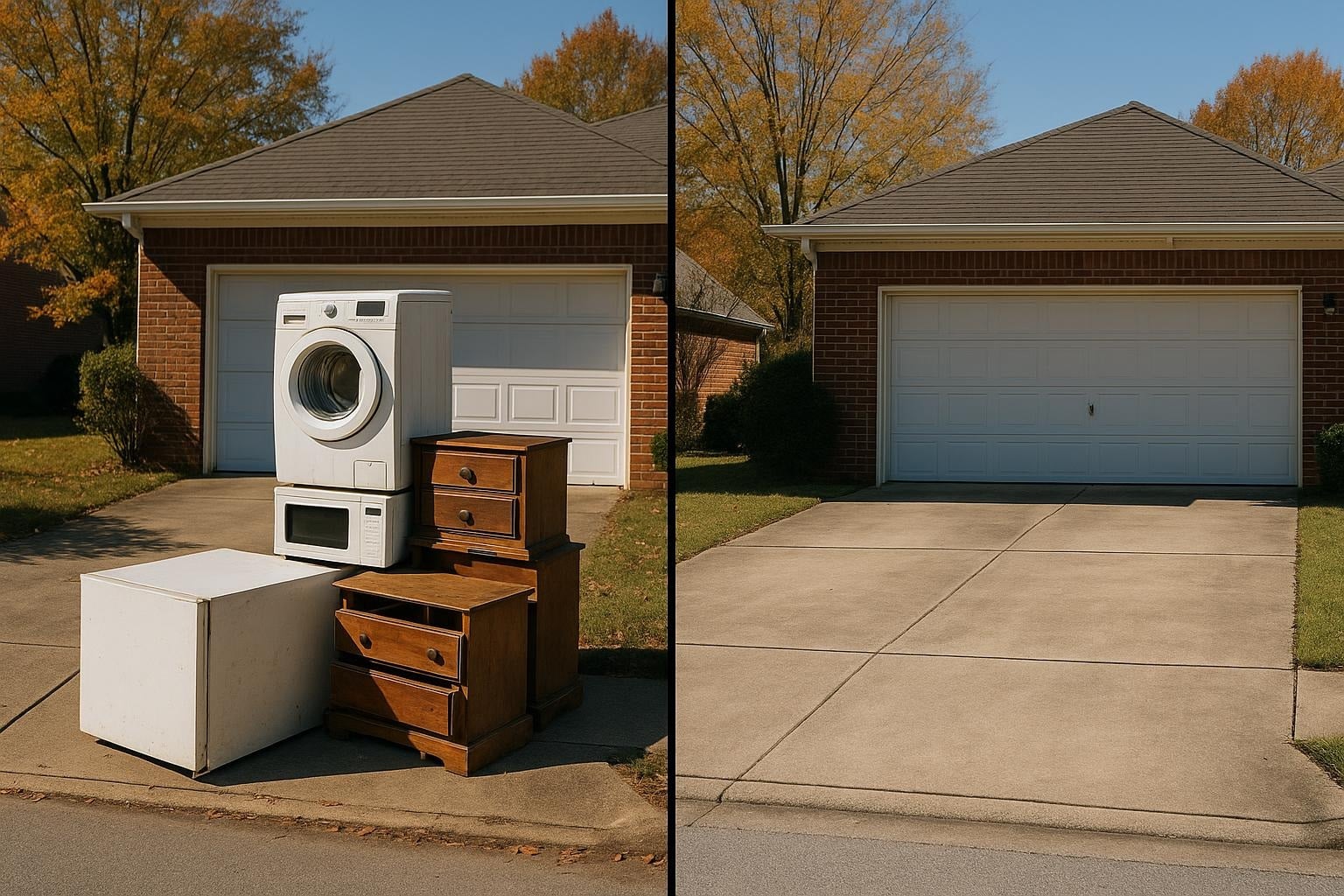 Before: pile of old appliances and a washer on a driveway. After: same driveway completely clear