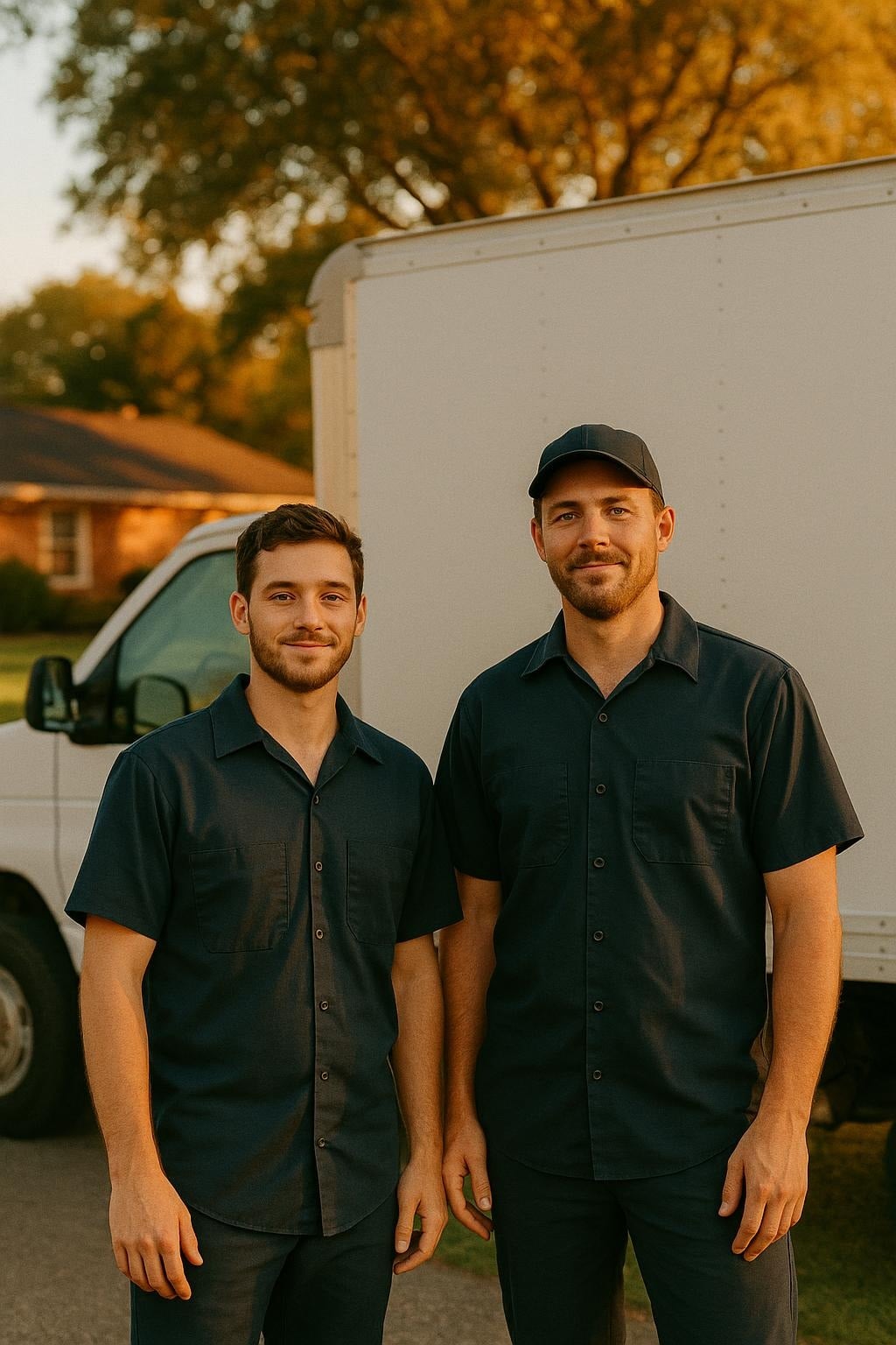 TN Junk Bros crew members standing in front of their truck in a Tennessee suburban driveway at golden hour